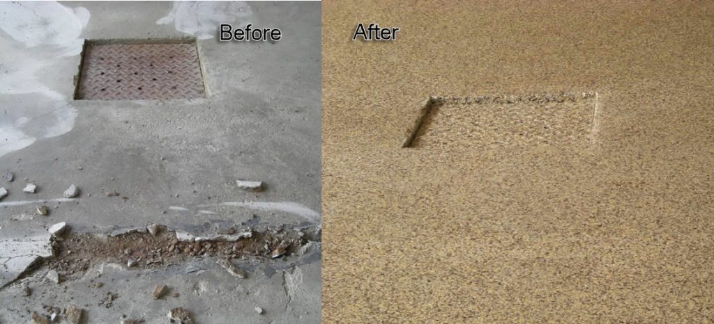 Before and after of very damaged floor. Finished floor  has epoxy coating 